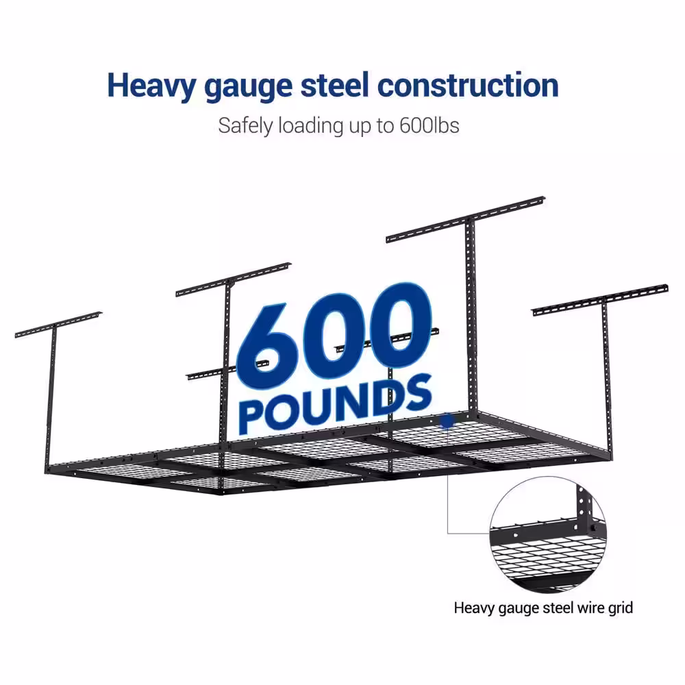 FLEXIMOUNTS Adjustable Height Overhead Ceiling Mount Garage Rack in Black (96 in. W x 48 in. D)