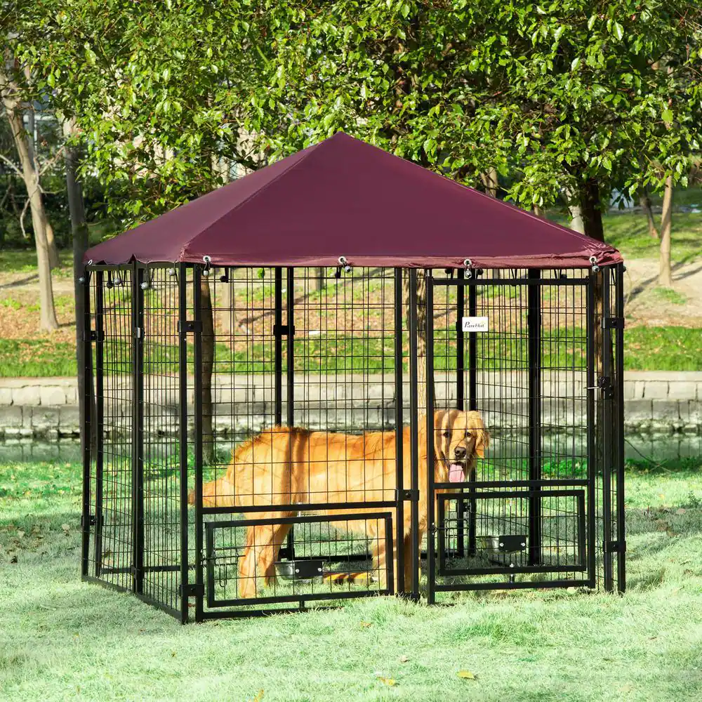 PawHut 0.0005-Acre Black Steel In-Ground Dog Fence Dog Kennel House with Canopy and 2-Bowls