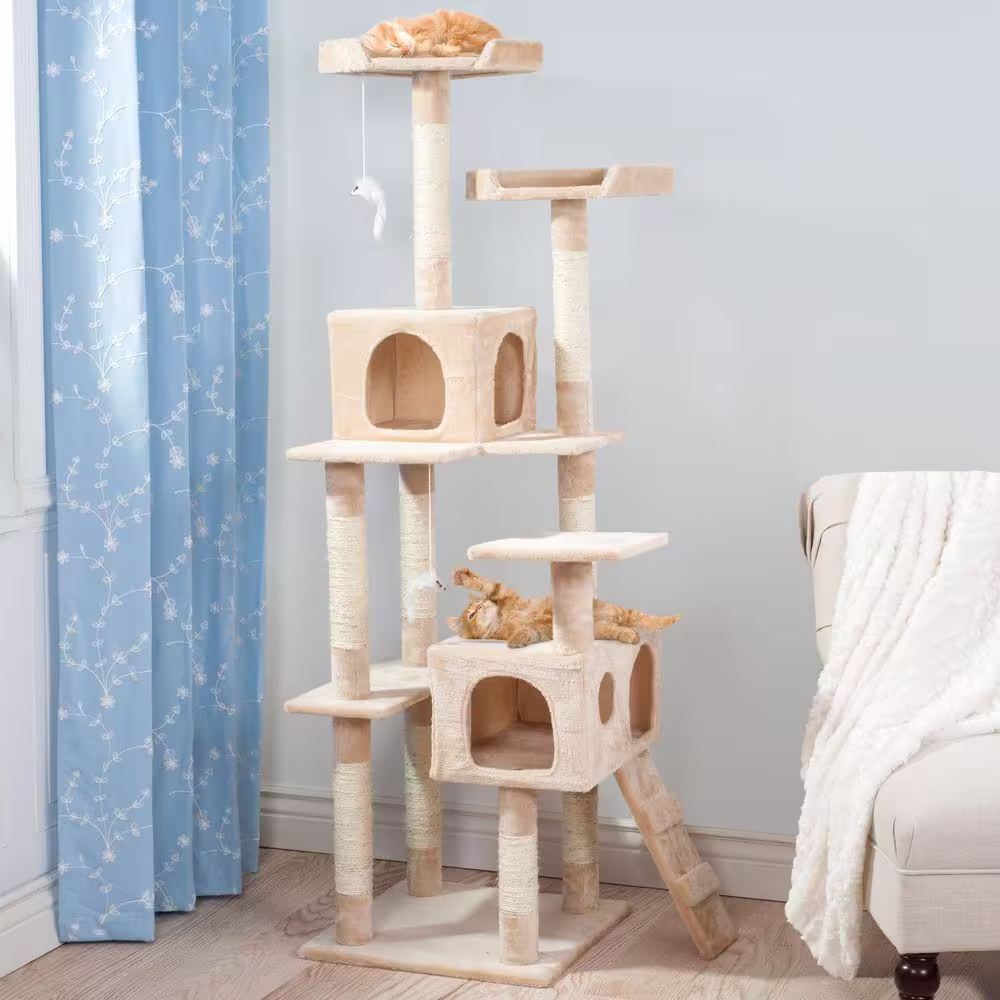 Petmaker 66.25 in. Beige Skyscraper Sleep and Play Cat Tree