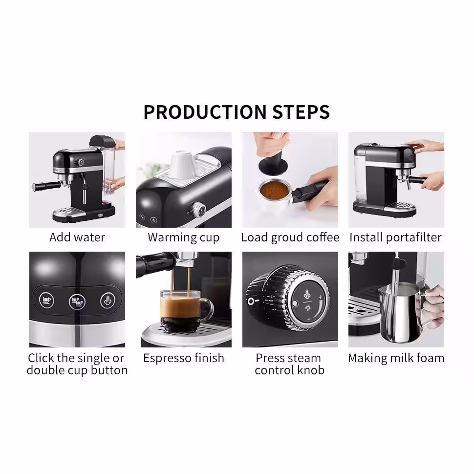 None 1350-Watt 2-Cup Black Espresso Machine 20-Bar Compact Coffee Maker with Milk Frother Steam Wand and 1.4 l Water Tank