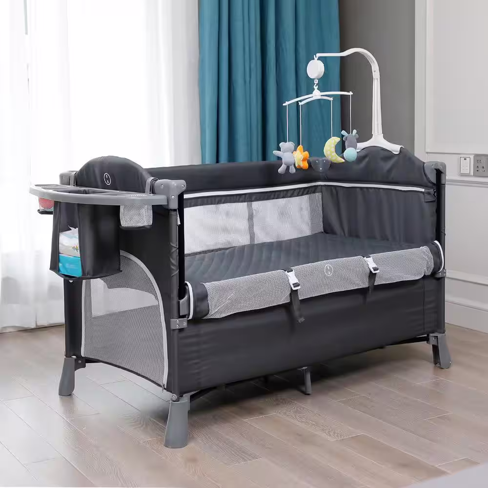 FUFU&GAGA Gray Multifunctional Foldable Baby Crib Co-sleeper Playpen Adjustable Infant Bassinet Bed with Carry Bag Hanging Toys