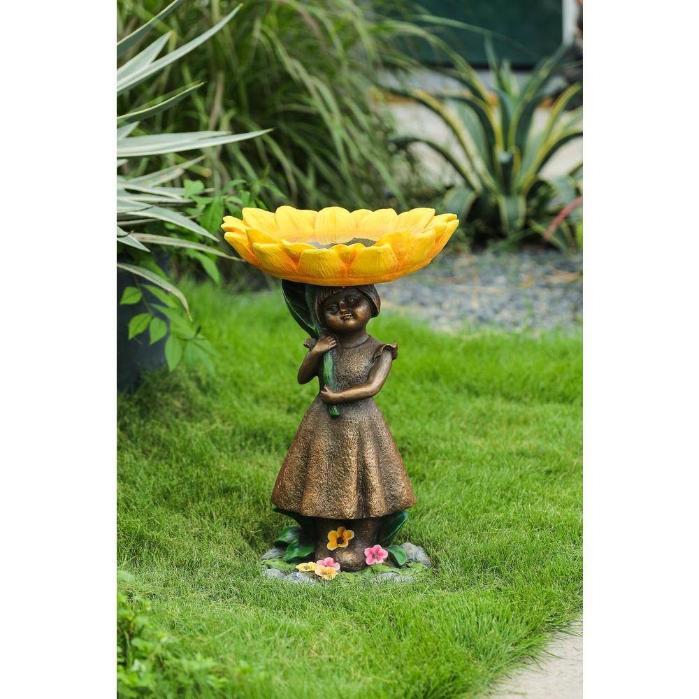 LuxenHome Resin Sunflower Girl Bird Bath