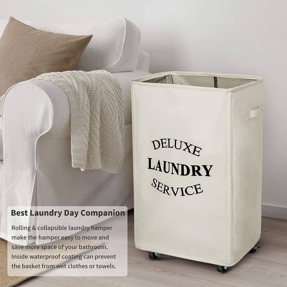 None 90L Fabric Laundry Basket Hamper with Beige Wheels