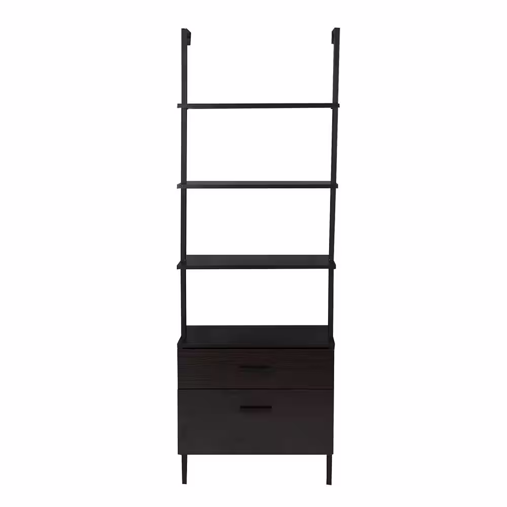 None Industrial 72 in. Black MDF 5-Shelf Standard Bookcase with Wood Drawers