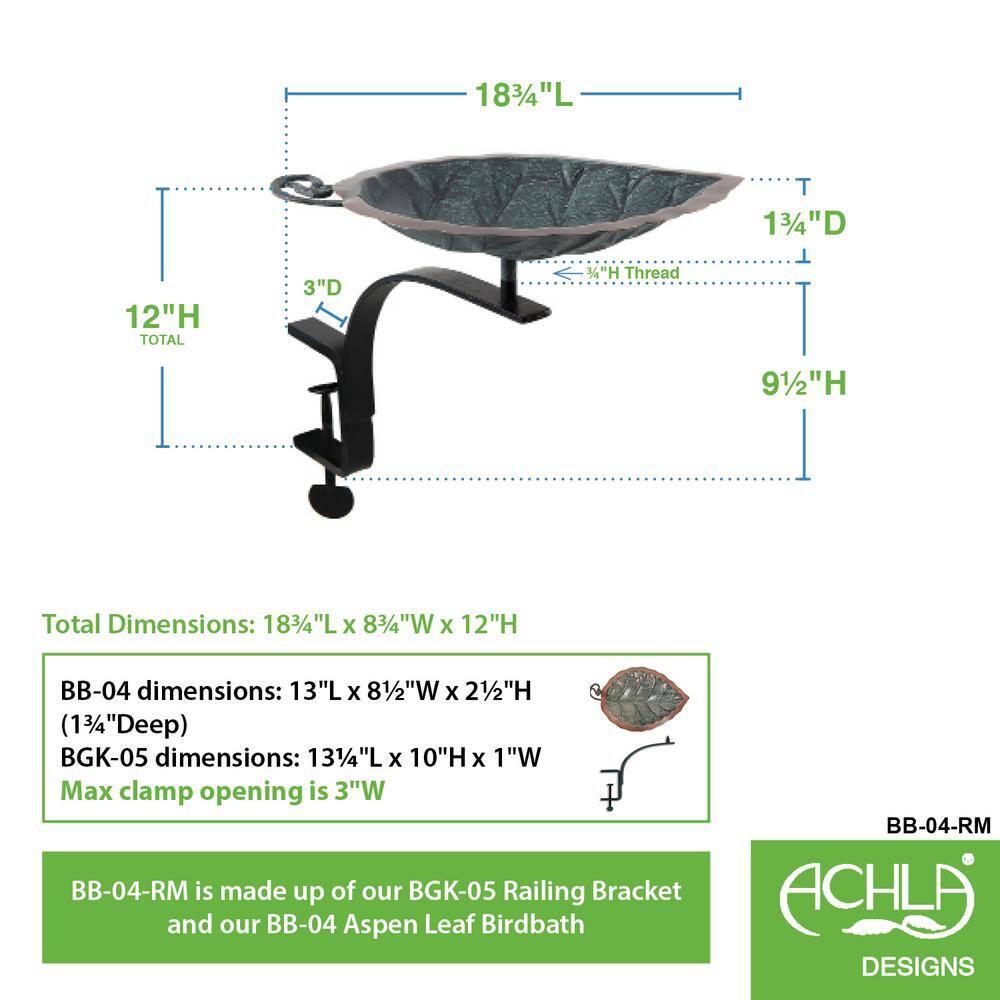 Achla Designs 12 in. Tall Antique Brass Plated Aspen Leaf Birdbath with Rail Mount Bracket
