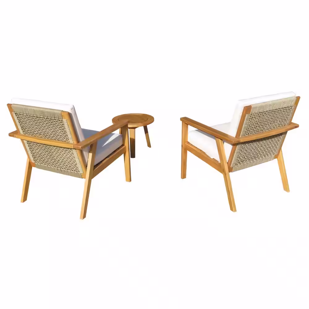 Lautan Anglesea Natural 3-Piece Wooden Patio Conversation Set with Linen Beige Cushions