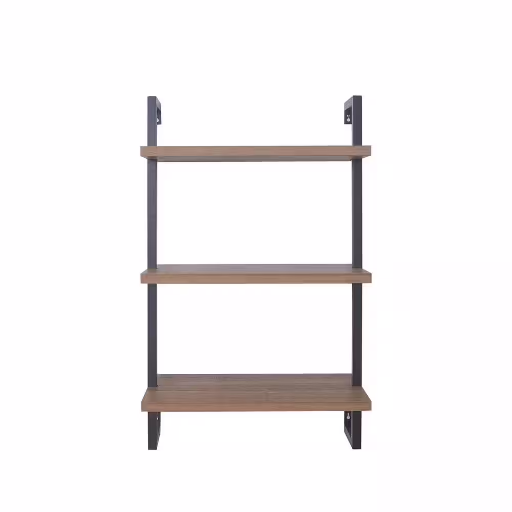 Nathan James Theo 39 in. Rustic Oak Wood Black Pipe 3-Shelf Floating Shelves Wall Mount Accent Bookcase with Metal Frame