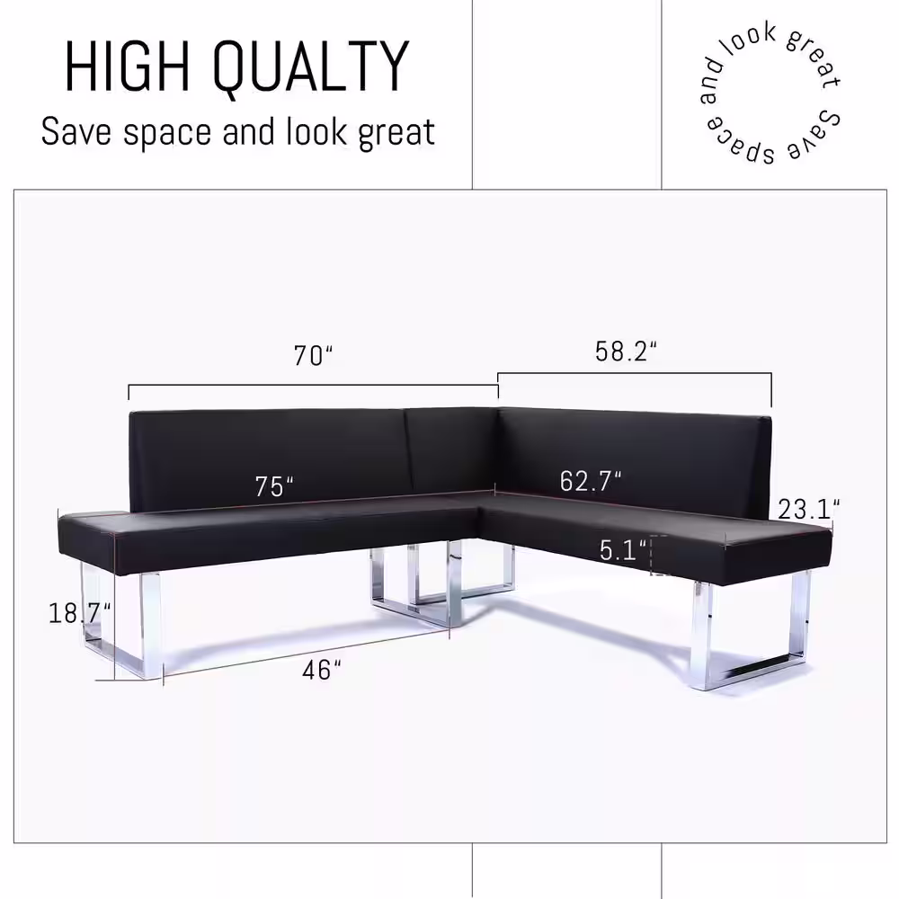 GOJANE 3-Piece White Dining Table Set 59 in. Rectangle Table, 1  L-Shaped Black Bench and 1 Black Bench