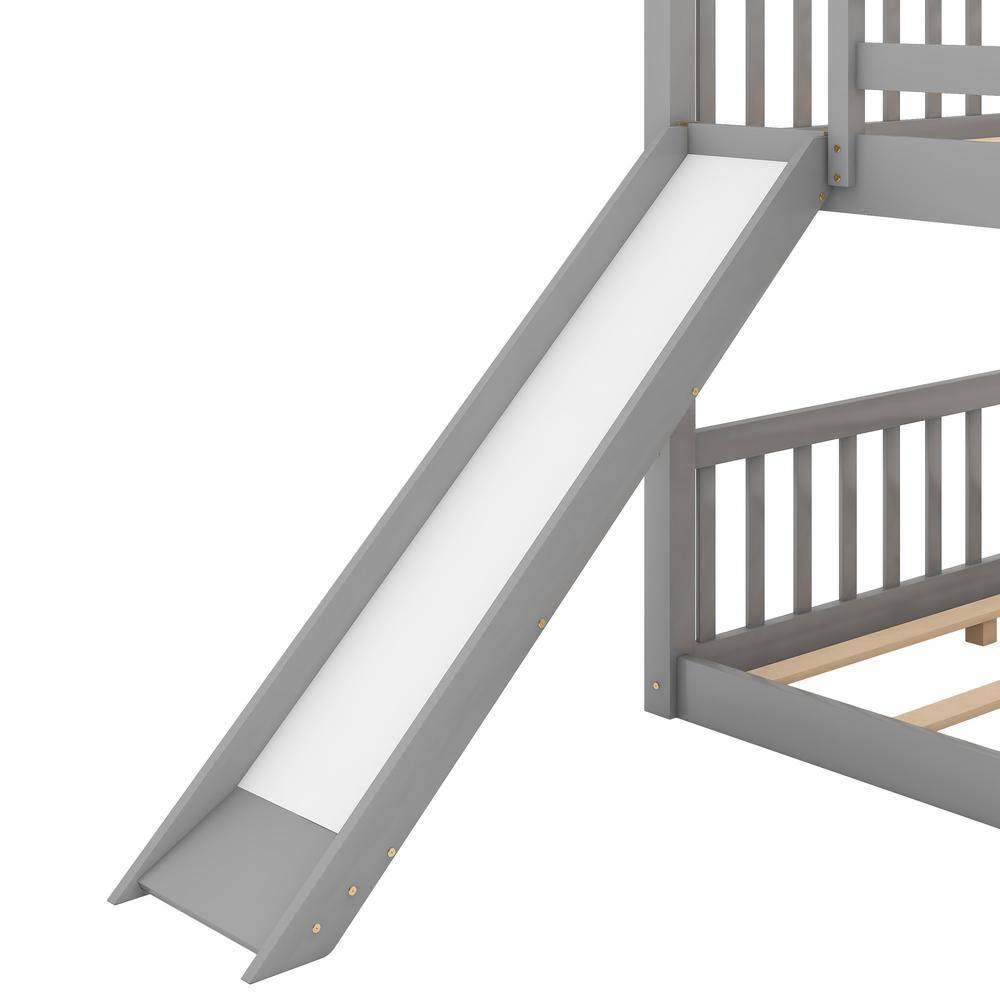 Harper & Bright Designs Classic Gray Full over Full Wooden Bunk Bed with Convertible Ladder and Slide