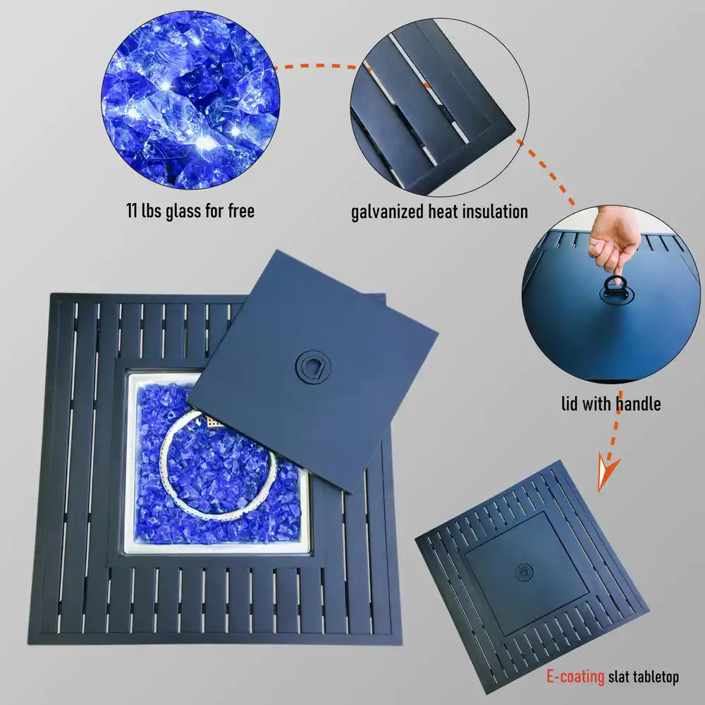 None 28.3 in. x 24.8 in. 50,000 BTU Square Metal Gas Fire Pit Table with Lid and Blue Fire Glass