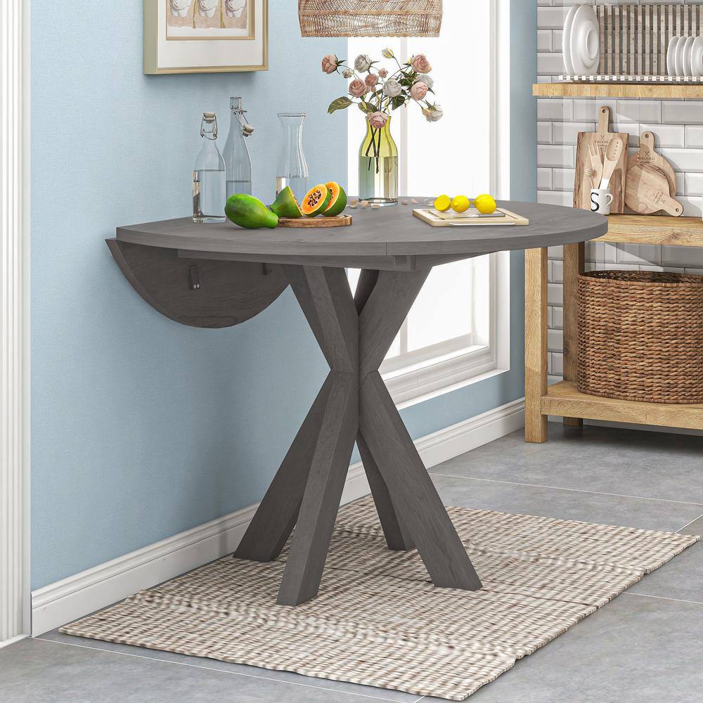Harper & Bright Designs Rustic Farmhouse 5-Piece Gray Round Drop Leaf Wood Dining Table Set with 4-Padded Dining Chairs