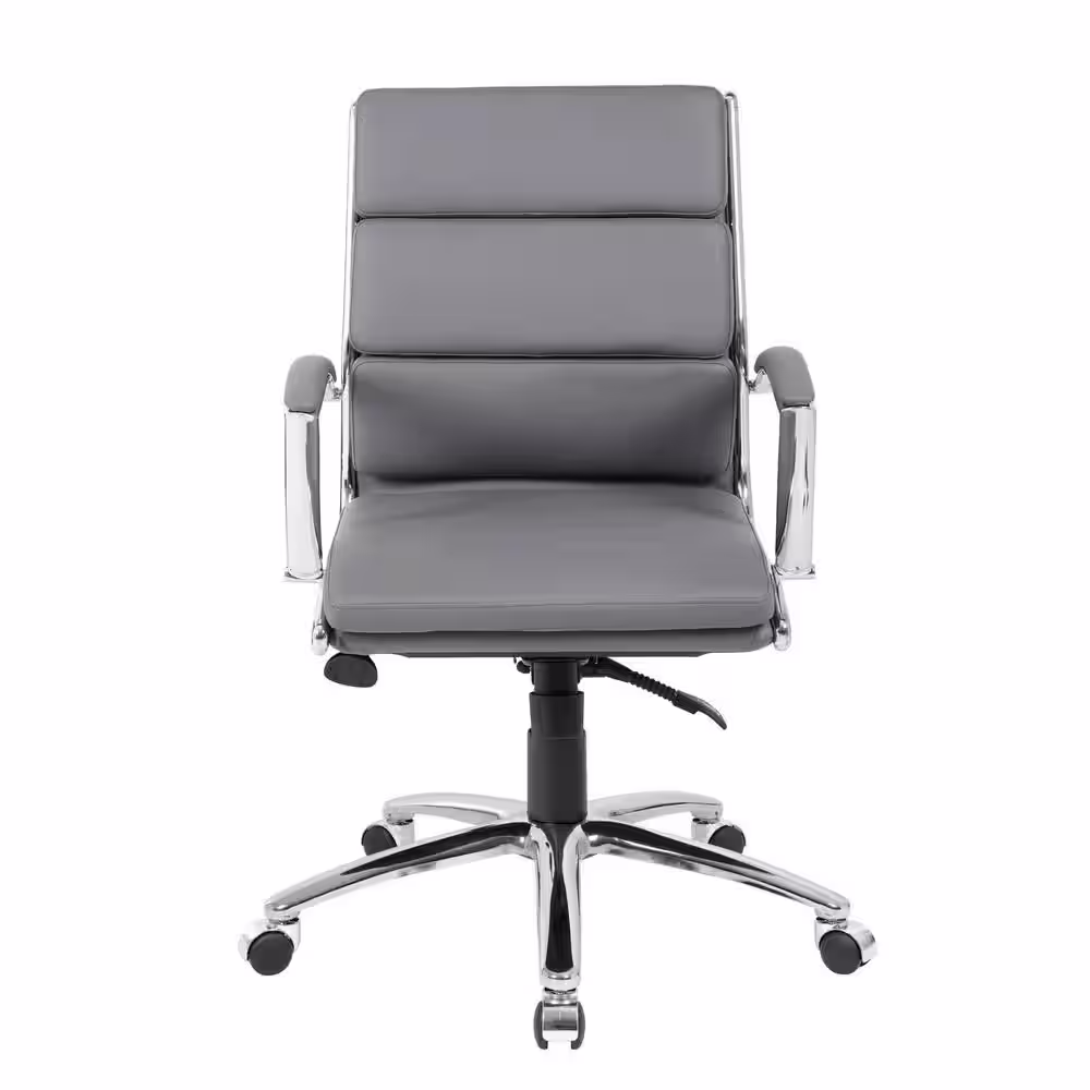 BOSS Office Products Gray Leather Mid-Back Executive Chair, Chrome Finish with Padded Arms