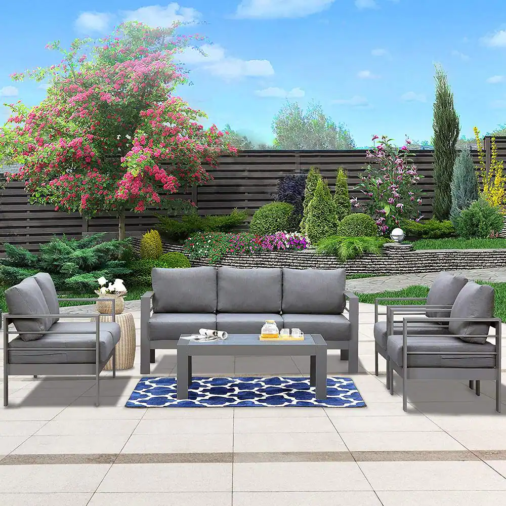 SUNVIVI Grey 5-Piece Aluminum Patio Conversation Set with Dark Grey Cushions