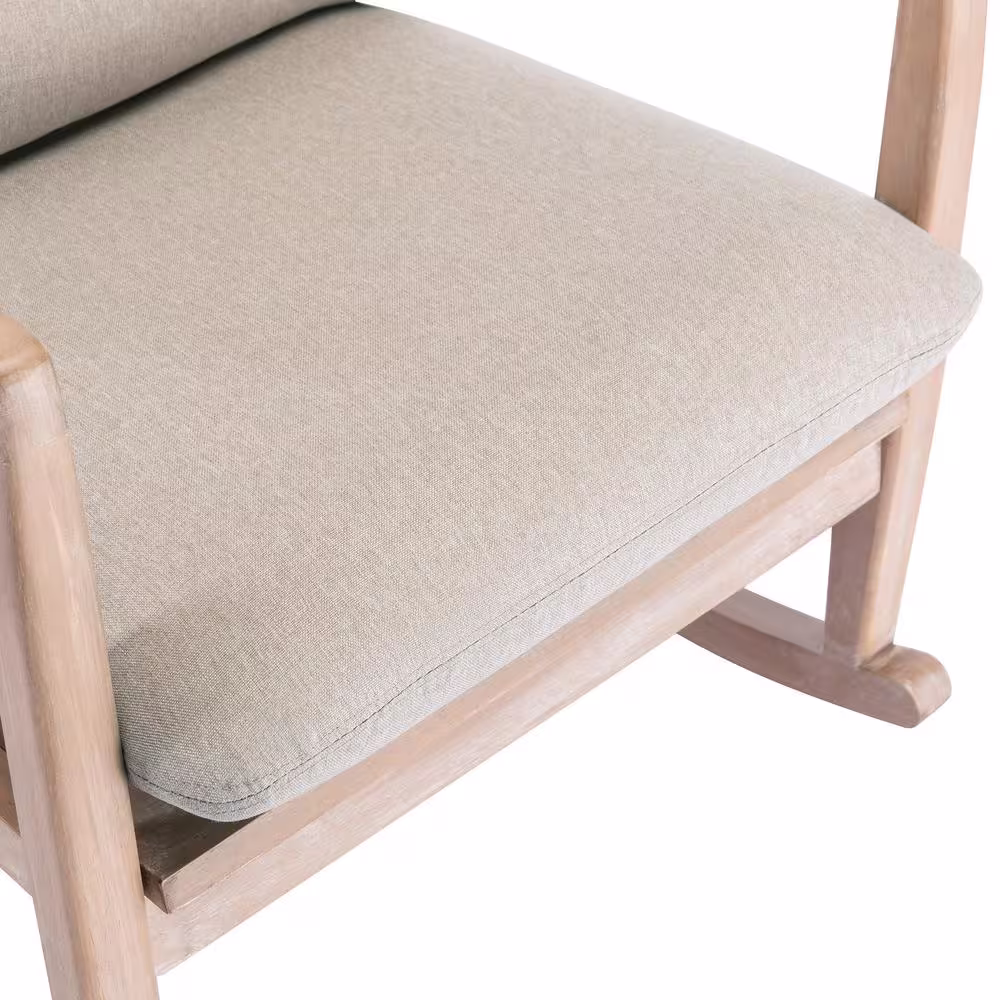 None Beige Solid Wood Rocking Chair Linen Fabric Upholstered Arm Accent Chair