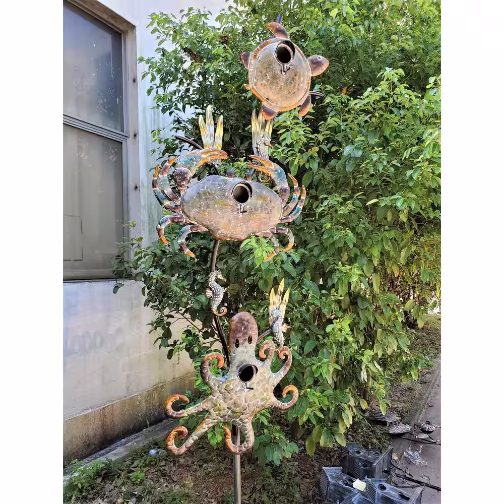 Zaer Ltd. International 85 in. Tall Coastal Style Birdhouse Stake - Sea Turtle and Crab