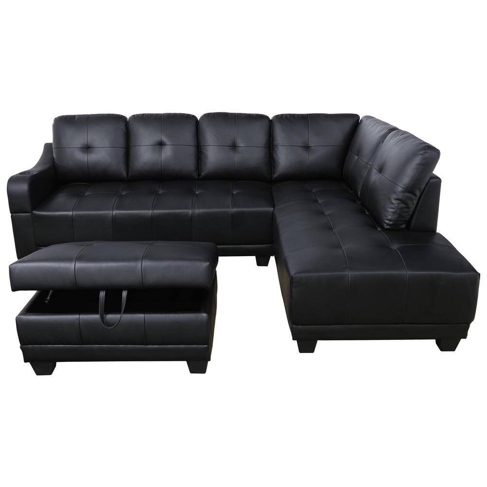 Star Home Living Mike 3-Piece Black Faux Leather 3-Seater L-Shaped Left-Facing Sectional Sofa with Ottoman