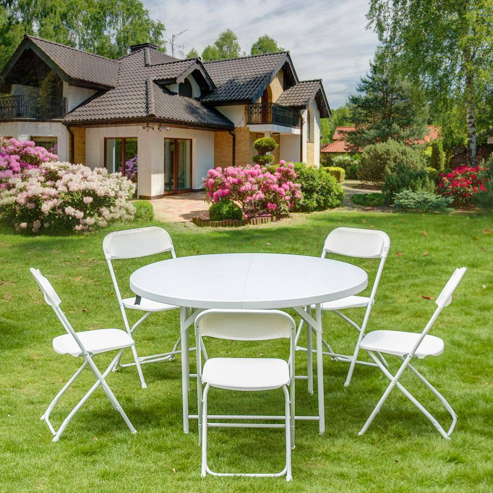 cadeninc White Plastic Seat with Metal Frame Folding Chair (Set of 5)