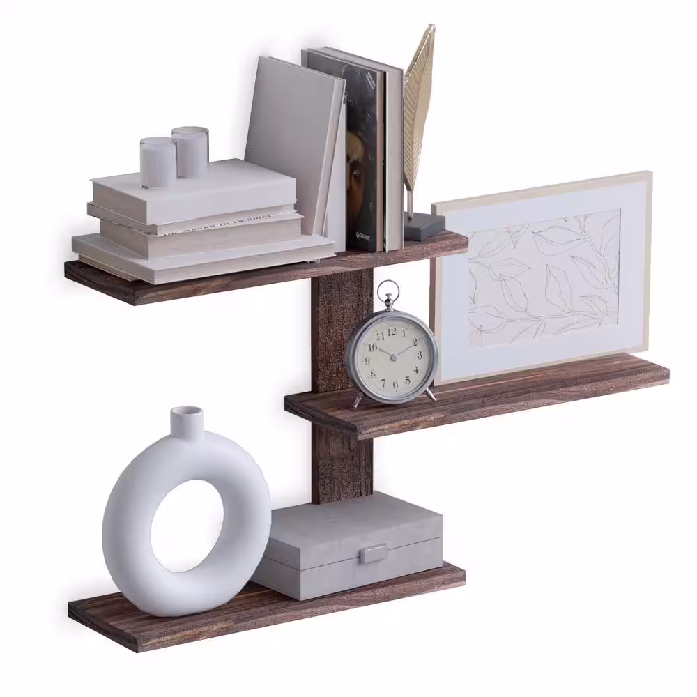 Rustic State Passi Farmhouse Decor : Wall Mount 3 Tiers Floating Shelves Solid Wood : Burnt Brown