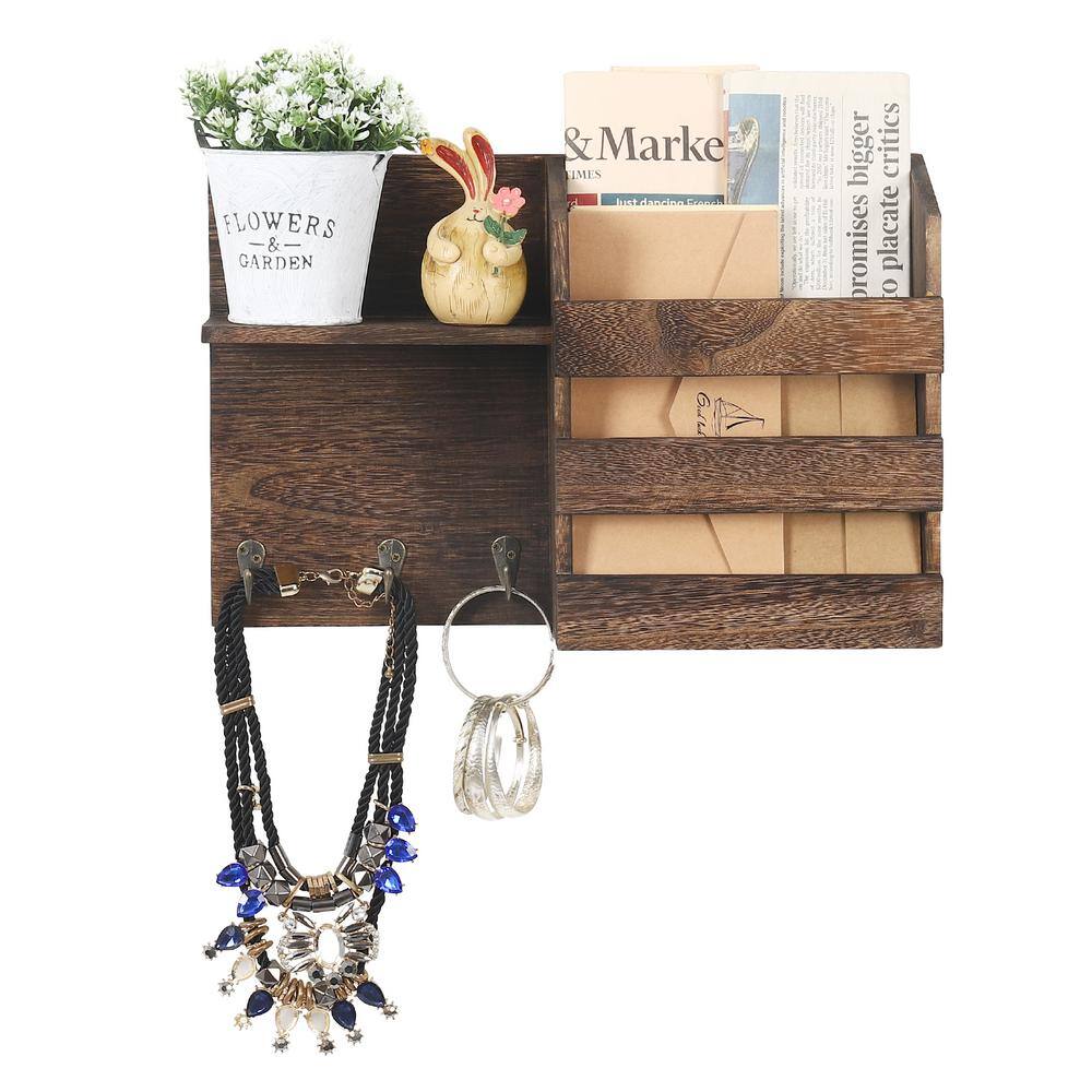 None Brown Wall Mounted Wooden Mail Sorter Organizer with 3-Key Hooks Rustic Floating Shelf