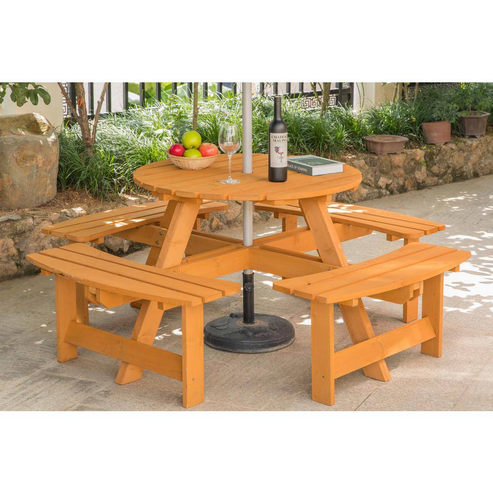 GARDENISED Stained 8-Person Round Wooden Outdoor Patio Garden Picnic Table with Bench