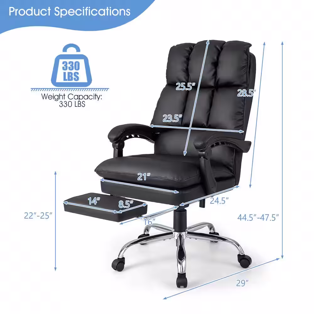 None Faux Leather High Back Reclining Office Chair Ergonomic Computer Desk Chair in Black with Footrest and Pad