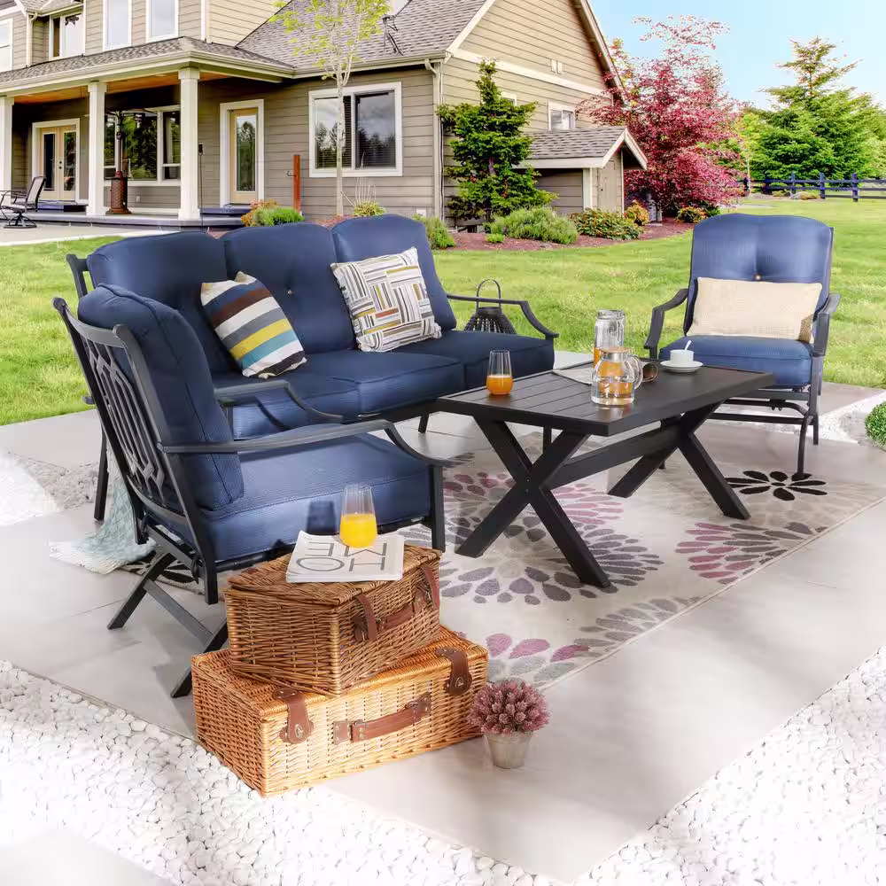 Patio Festival 4-Piece Metal Patio Conversation Set with Blue Cushions