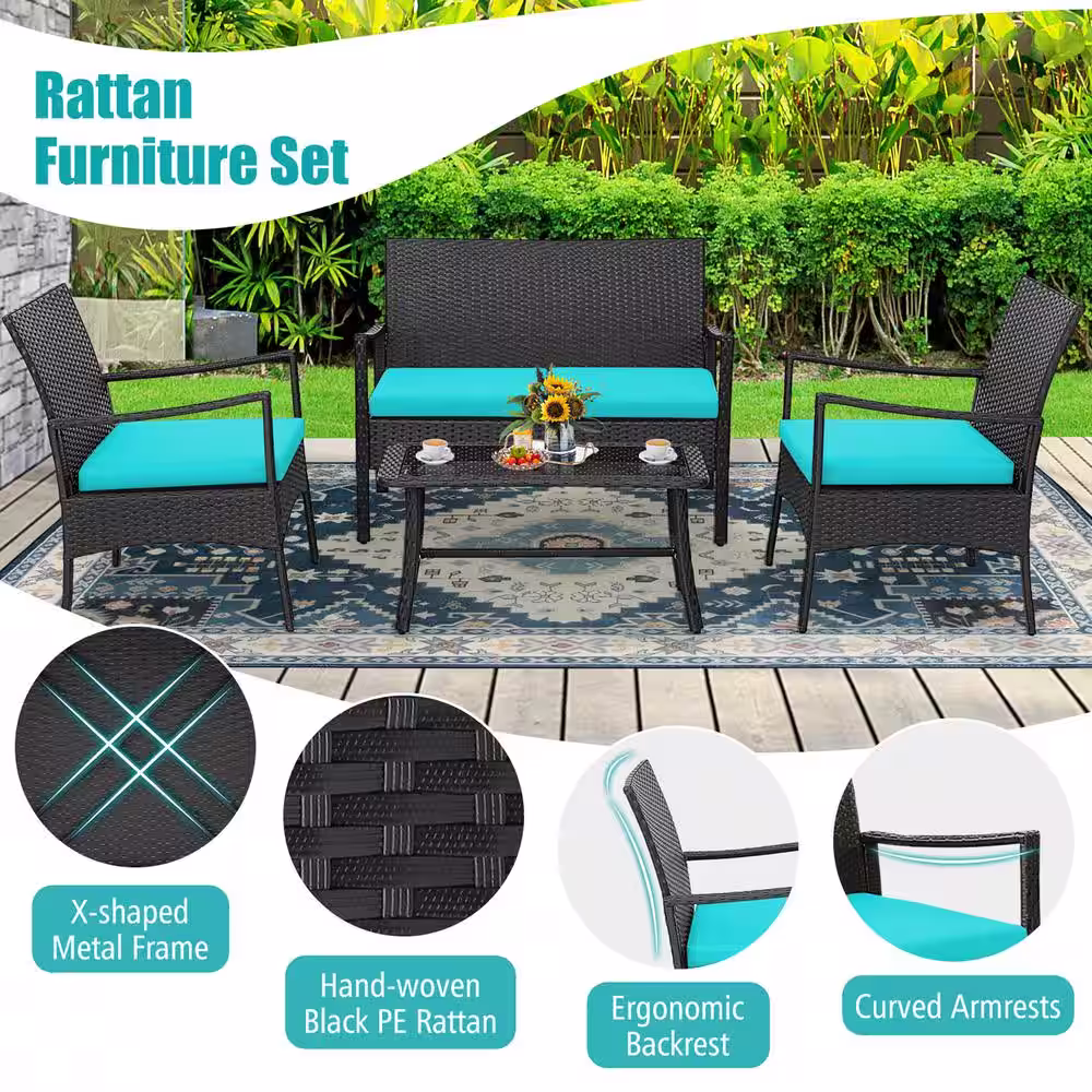 Costway 4-Pieces Patio Wicker Furniture Conversation Set with Turquoise Cushions Chairs and Loveseat Coffee Table Garden