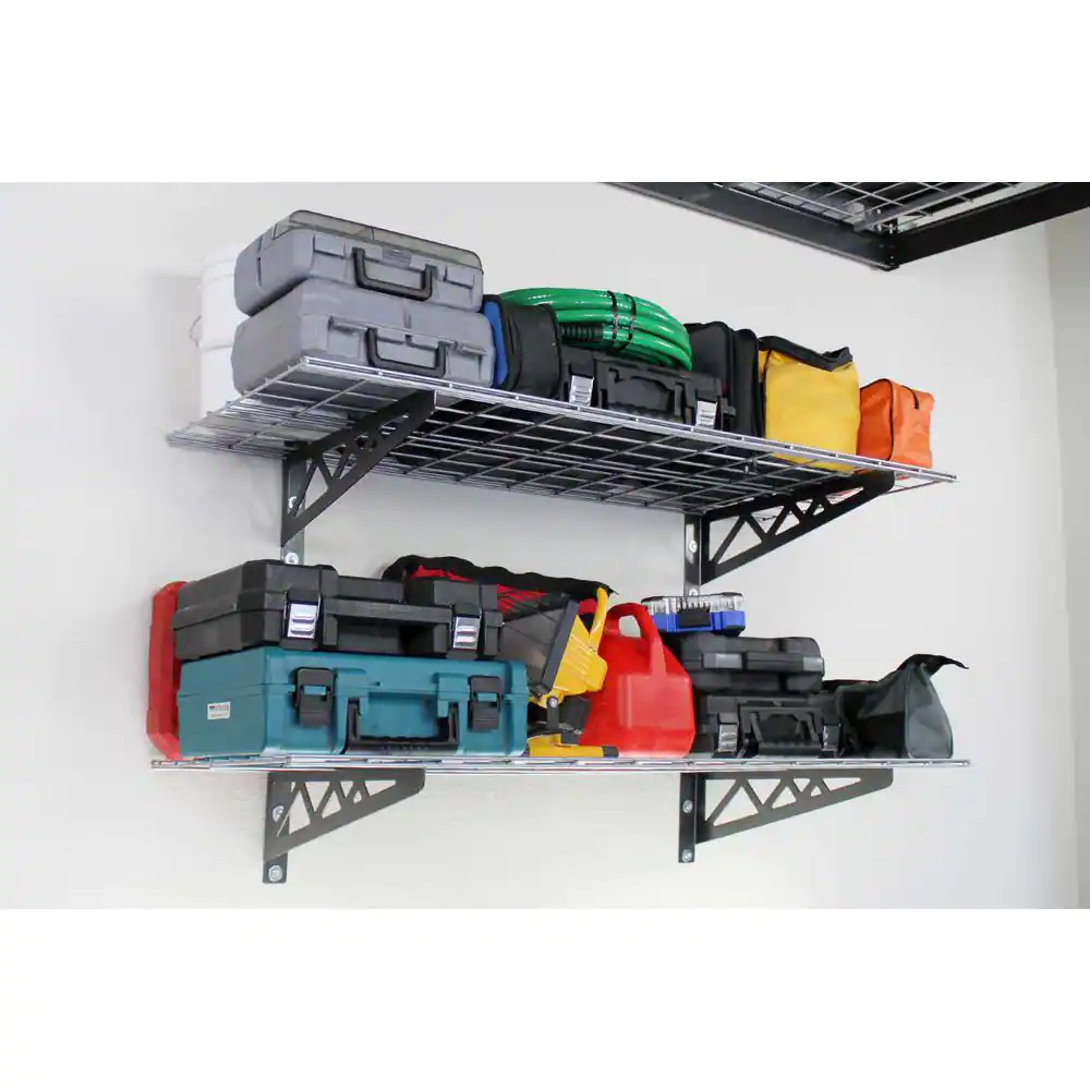 None 18 in. D x 48 in. W x 8 in. T Hammertone Grey Heavy-Duty Steel Wall Mounted Shelves Includes 2 Shelves and 4 Hooks