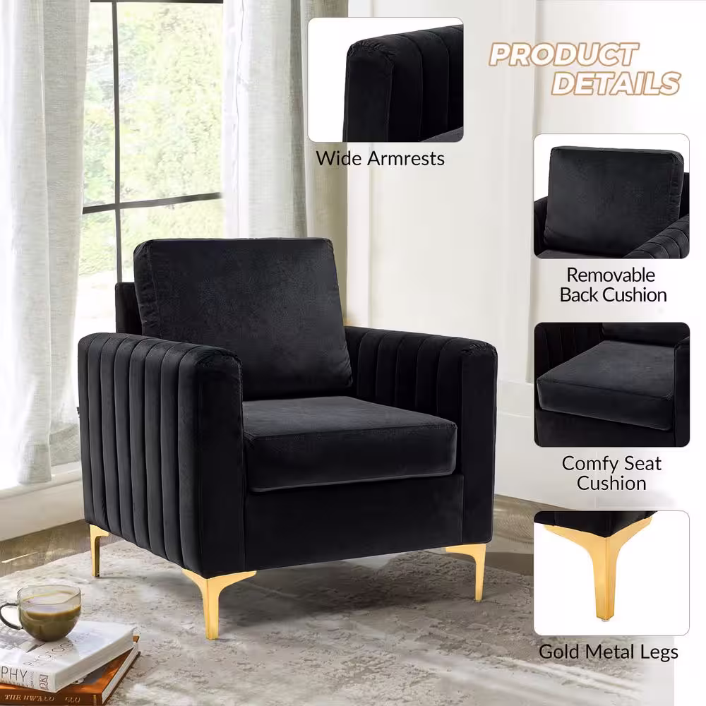 JAYDEN CREATION Ennomus Modern Black Velvet Cushion Back Club Chair with Golden Metal Legs and Track Arms (Set of 2)