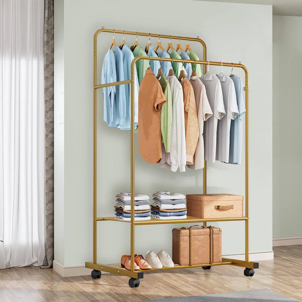 None Gold Iron Garment Clothes Rack Double Rod 31 in. W x 63 in. H