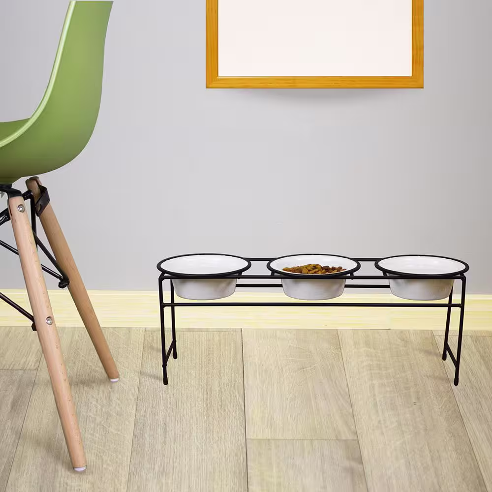 Platinum Pets Modern Triple Diner Feeder with Stainless Steel Cat/Dog Bowls, Pearl White