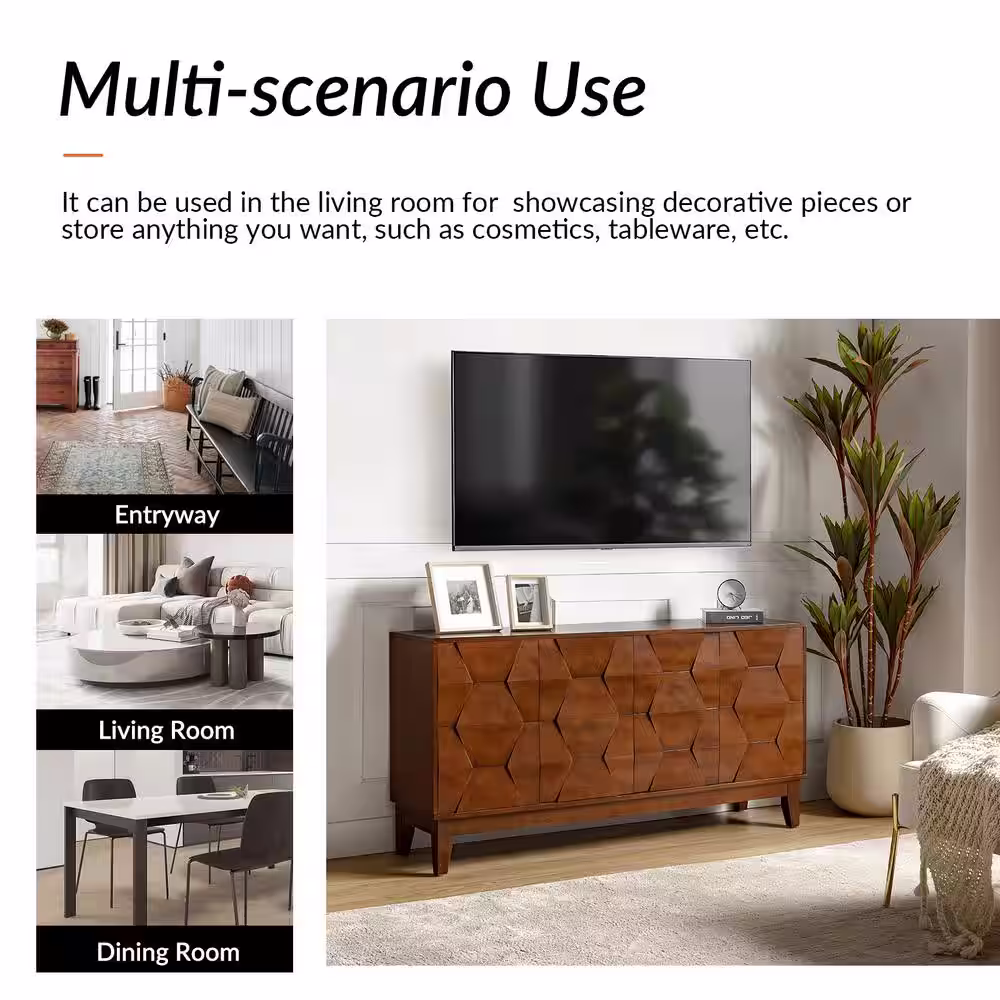 JAYDEN CREATION Kamis Modern Walnut 60 in. Hexagonal Embellishments Sideboard with Solid Wood Legs