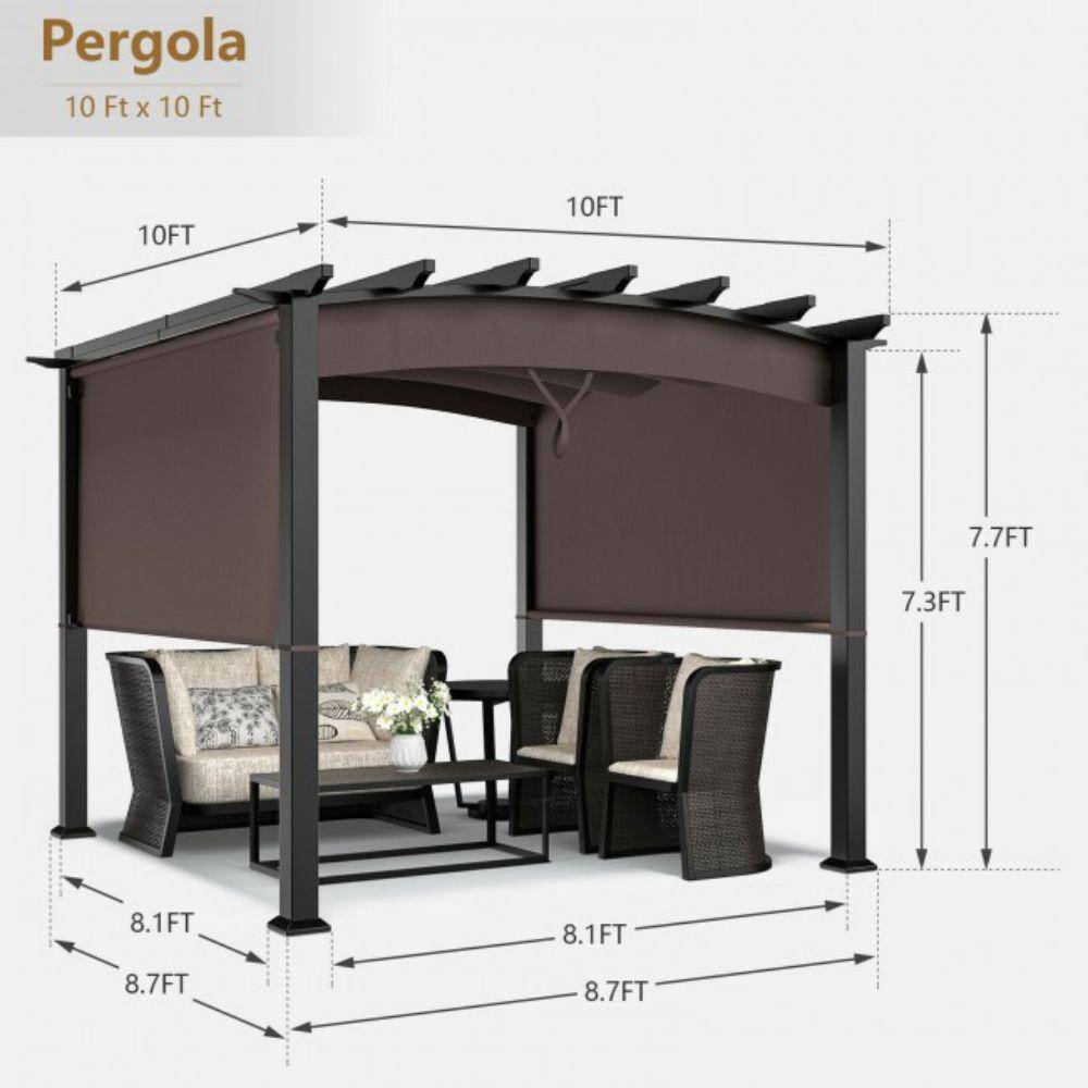 None 120 in. x 120 in./10 ft. x 10 ft. Coffee Steel Patio Pergola Gazebo with Removable and Retractable Shade Canopy