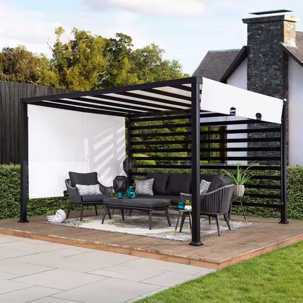 Sunjoy Sandy 10 ft. x 12 ft. Modern Steel Pergola with White Adjustable Shade