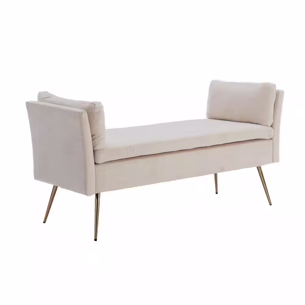None Modern Beige Polyester Fabric Amhers Upholstered Bench with Pillows