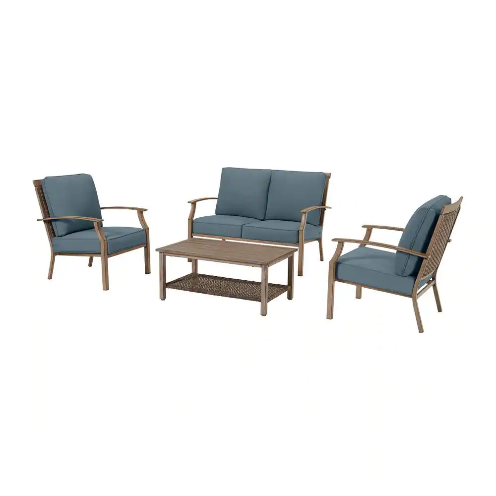 Hampton Bay Geneva 4-Piece Wicker Outdoor Patio Conversation Deep Seating Set with Sunbrella Denim Blue Cushions