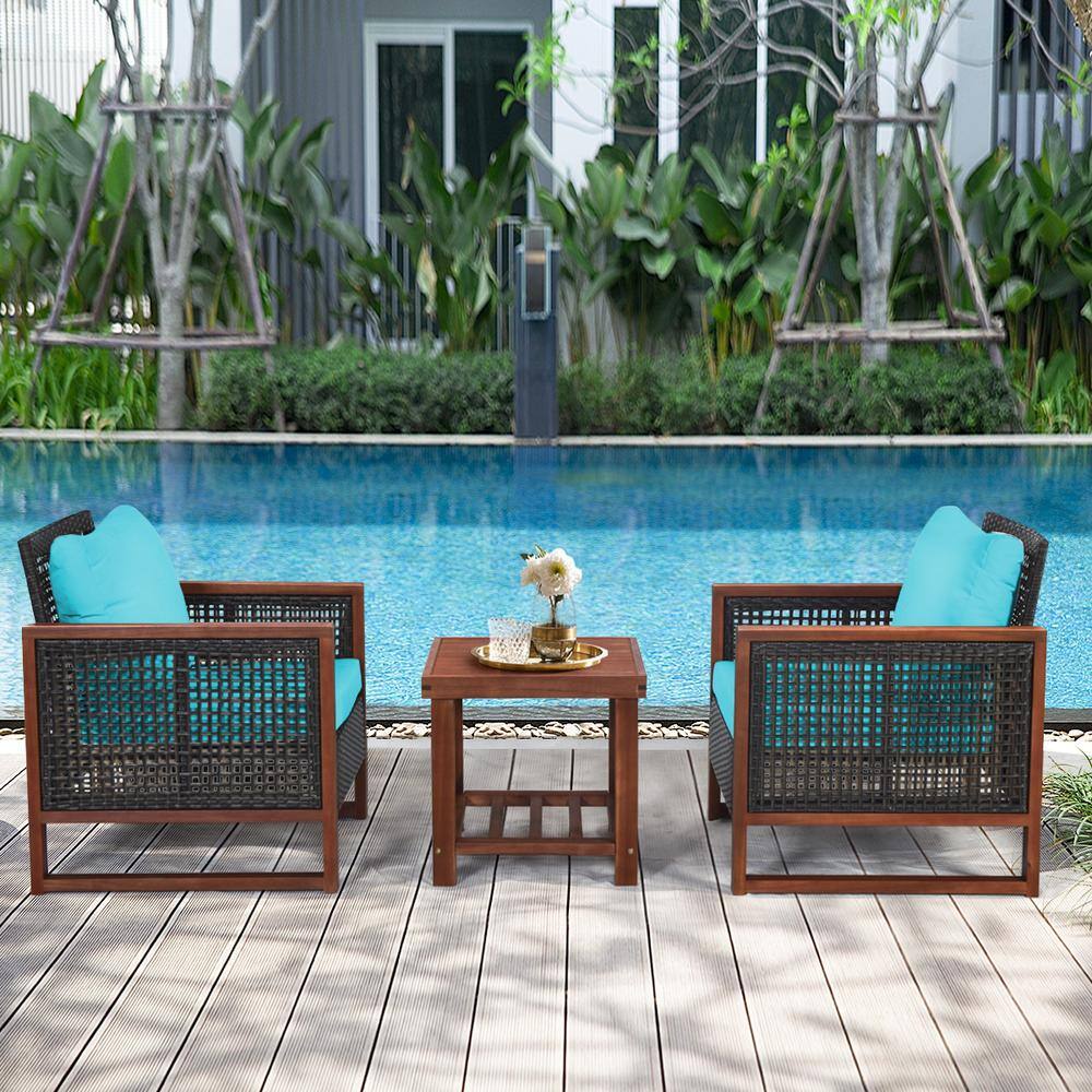 SUNRINX 3-Piece Wood Frame  Patio Conversation Set Outdoor Bistro Set with Blue Cushion