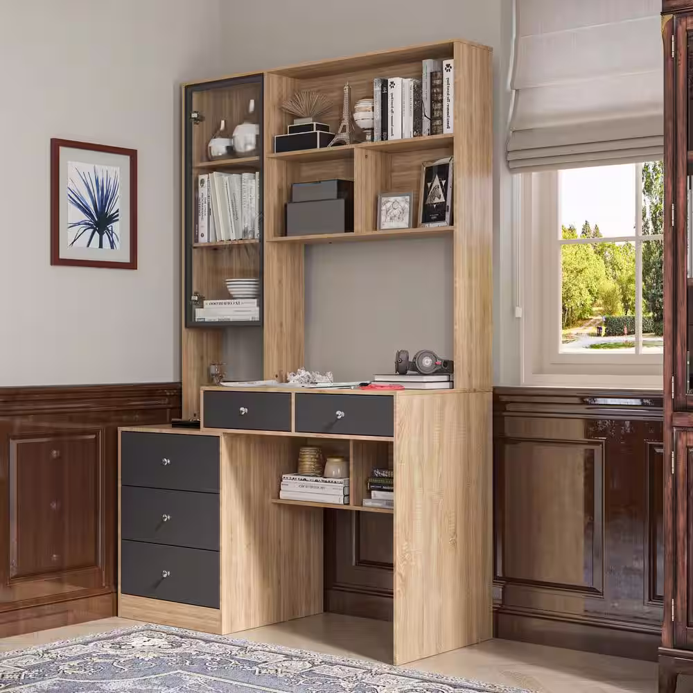 None 47 in. Rectangular Brown Wood Writing Desk Workstation with Bookcase, Glass Door, 5-Drawers