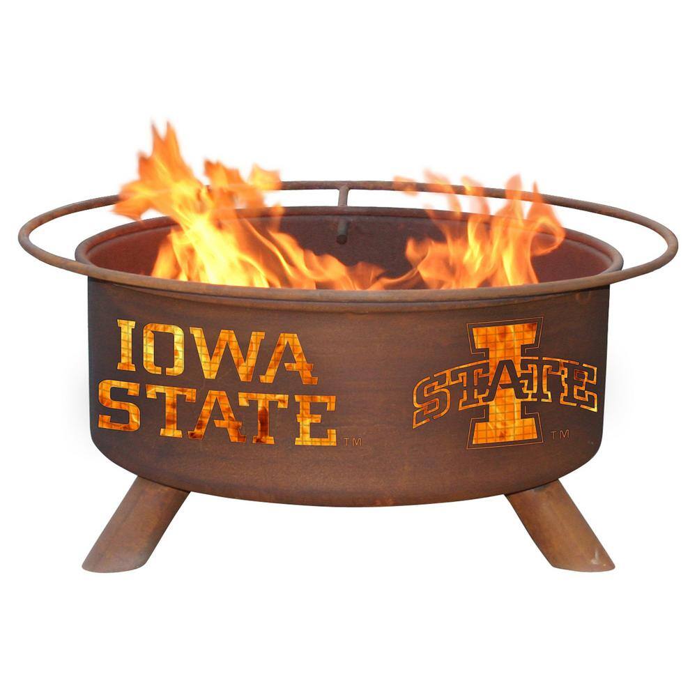 None Iowa State 29 in. x 18 in. Round Steel Wood Burning Rust Fire Pit with Grill Poker Spark Screen and Cover