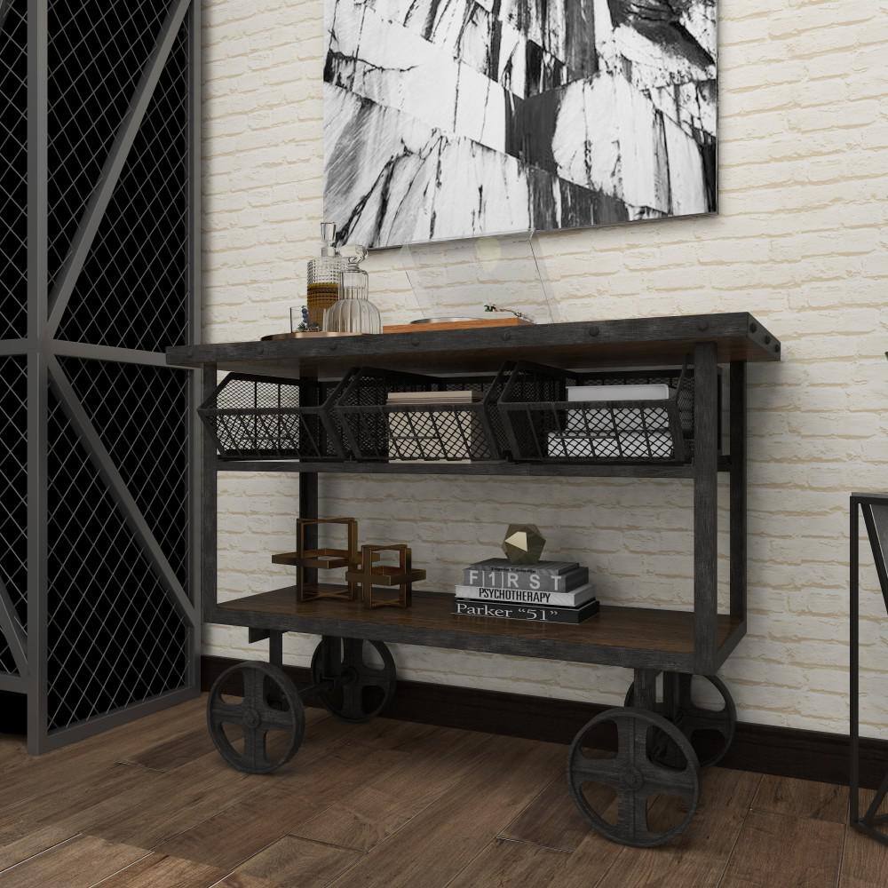 Litton Lane 48 in. Black Extra Large Rectangle Metal Industrial Rolling Cart 3 Basket Drawers Console Table