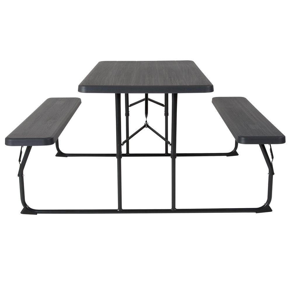 None 58.25 in. Charcoal Plastic Tabletop Plastic Seat Folding Table and Bench Set