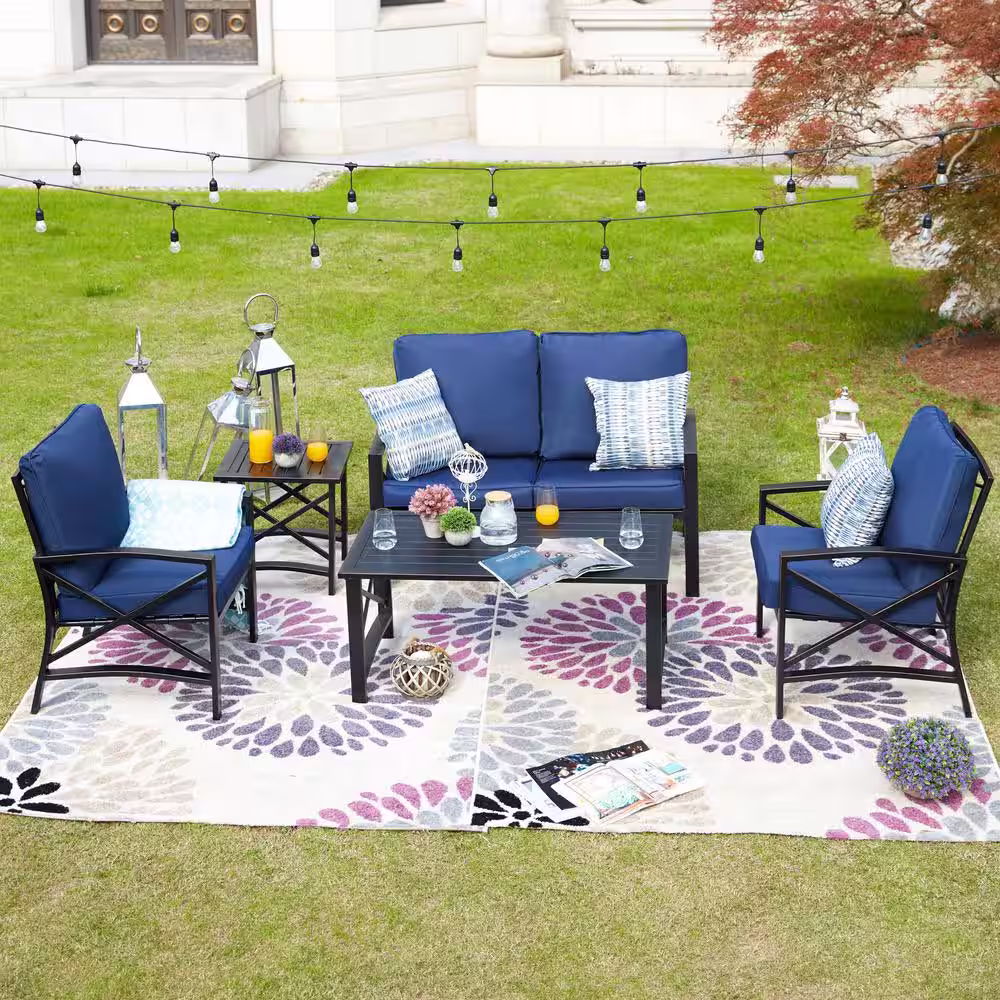 Patio Festival 5-Piece Metal Patio Conversation Set with Blue Cushions