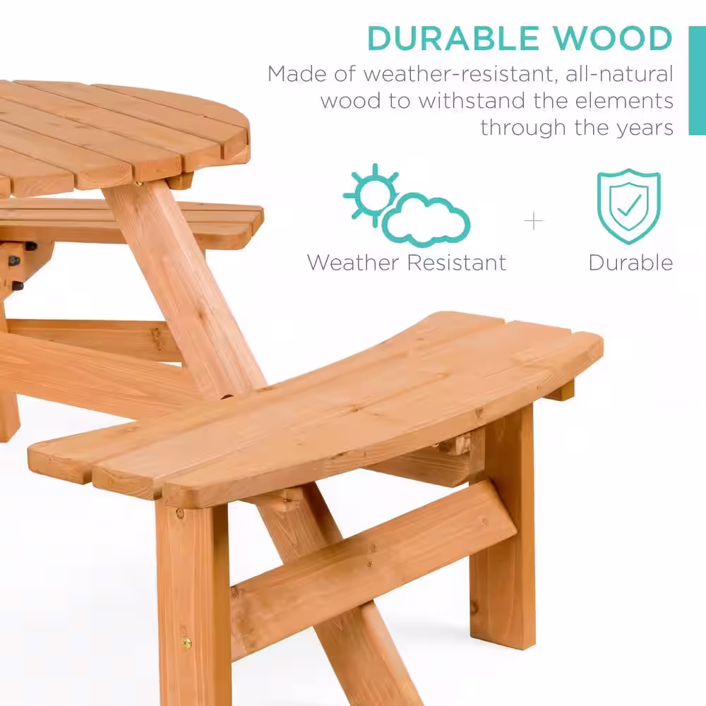 Best Choice Products 6-Person Natural Circular Wooden Picnic Table w/ Umbrella Hole, 3-Benches