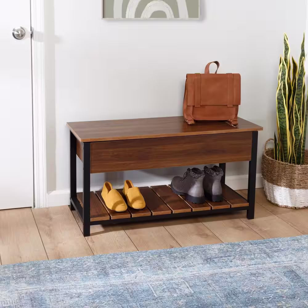 Honey-Can-Do 18 in. H x 35.43 in. W Walnut Entryway Particle Board and Steel Shoe Storage Bench