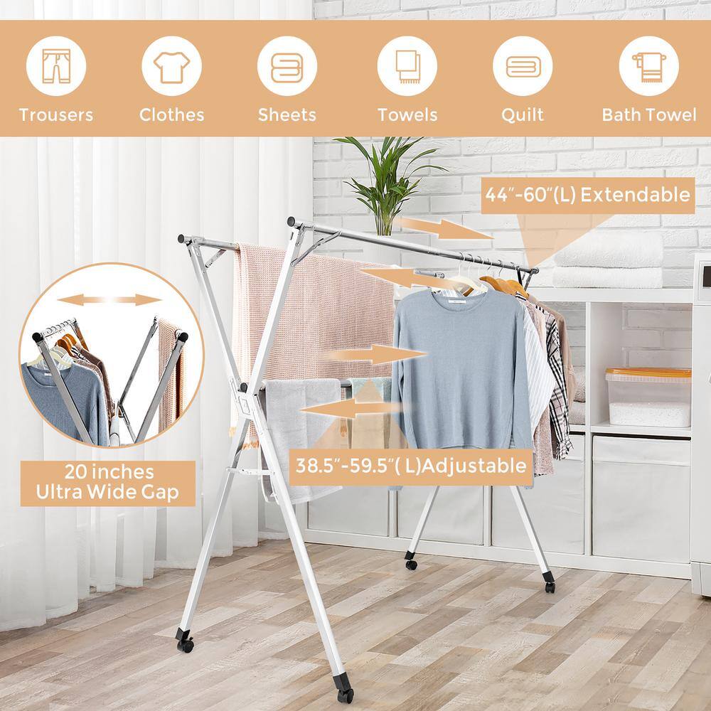 Costway Silver Stainless Steel Drying Clothes Rack Garment Rack Adjustable & Foldable w/Wheels 60 in. W x 54 in. H
