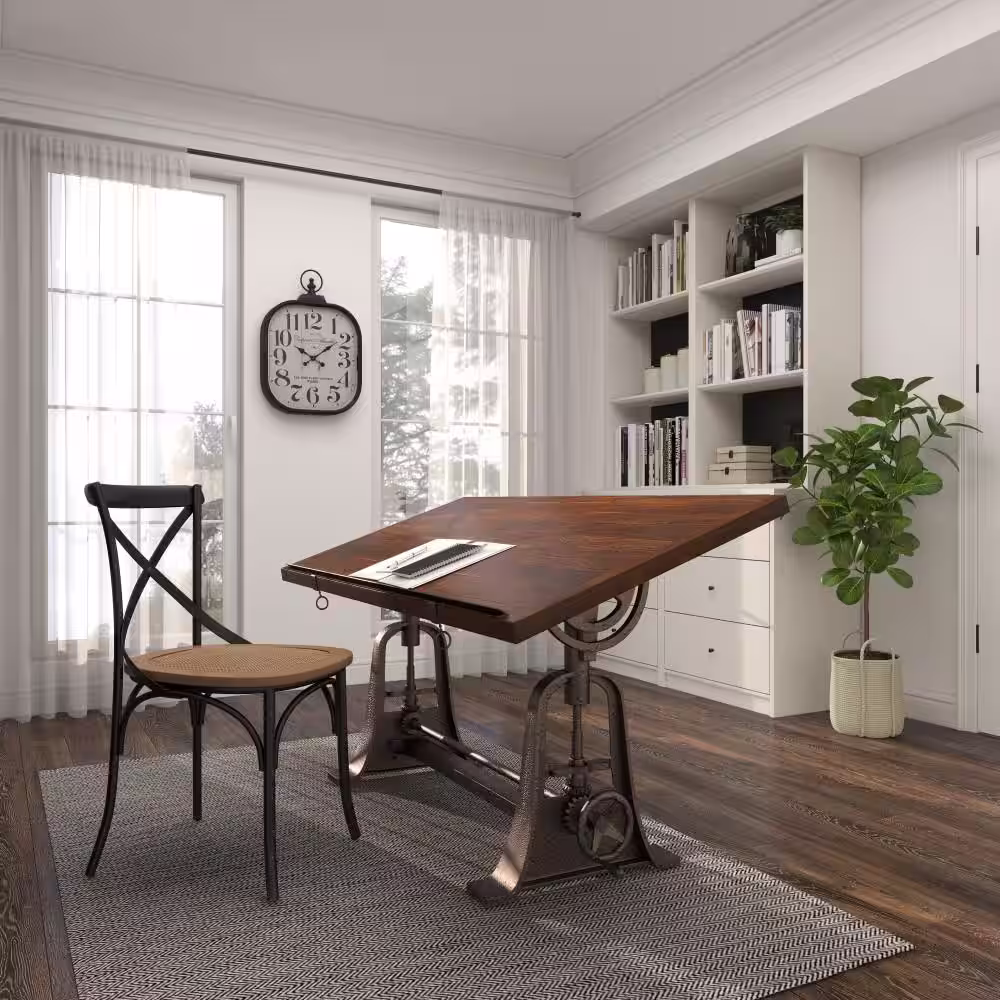 Litton Lane 30 in. Rectangle Brown Teak Wood Drafting Style Computer Desk with Tilting Top and Crank Height Adjustment