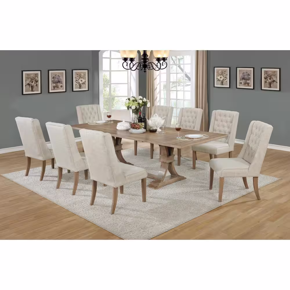 None Maribel 9-Piece Rectangular Wood Dining Table Set Beige Linen Fabric Chairs