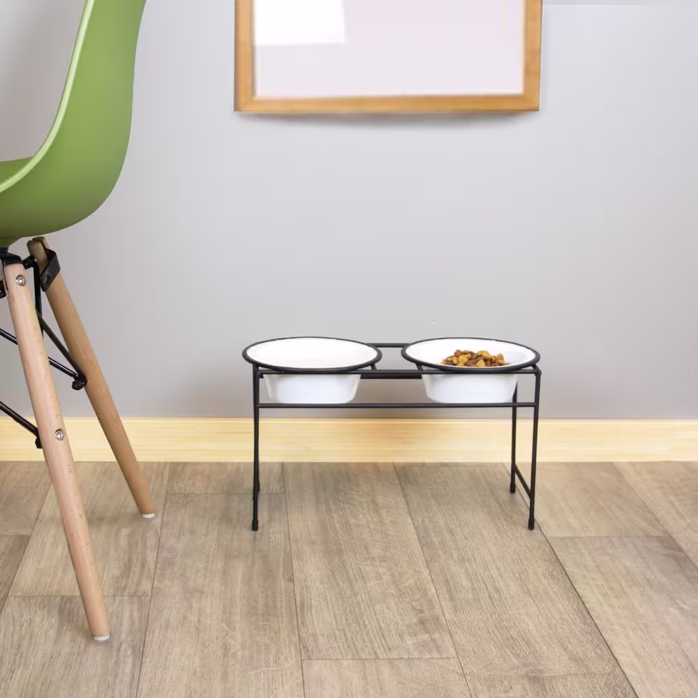 Platinum Pets Modern Double Diner Feeder with Stainless Steel Cat/Dog Bowls, Pearl White