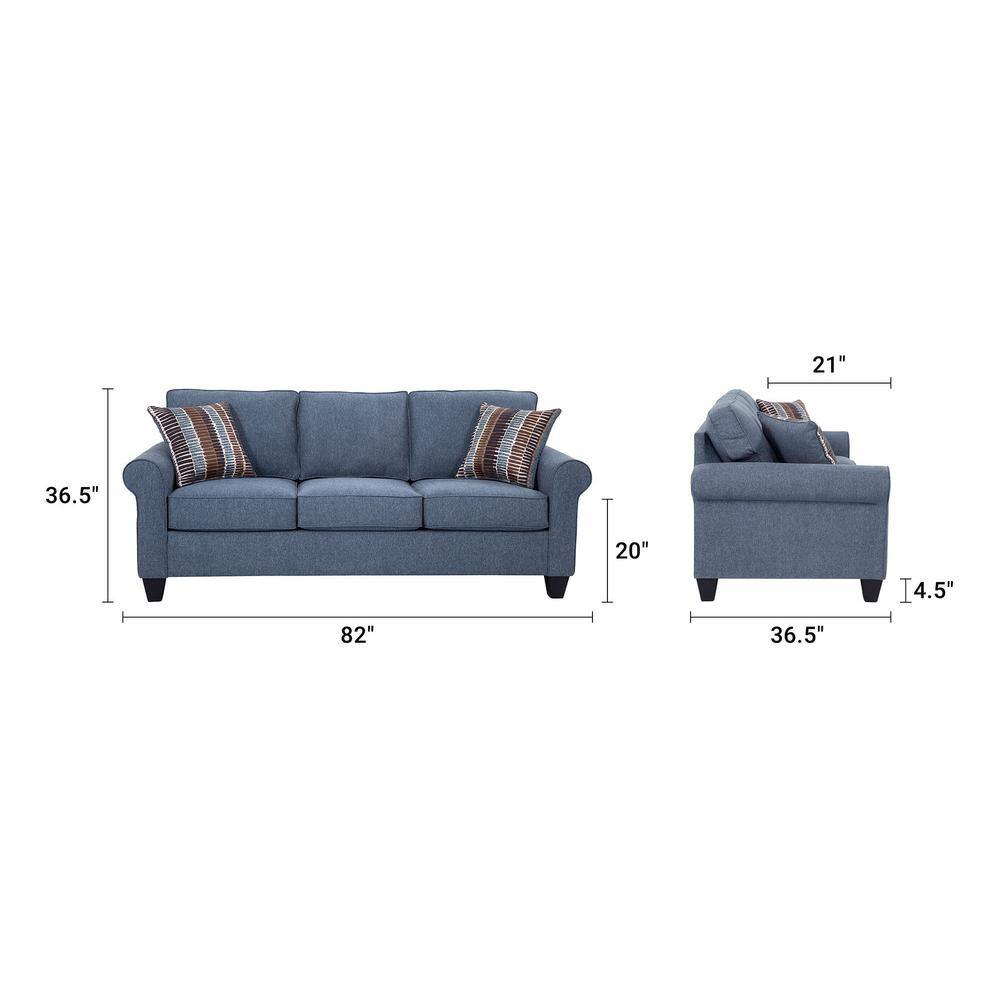 American Furniture Classics Indigo Series 82 in. Wide Rolled Arm Fabric Straight Sofa with 2 Accent Pillows in Indigo Blue