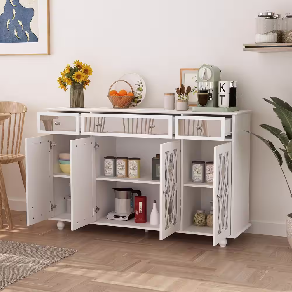None White Paint 4 Doors Mirrored Buffet Cabinet Sideboard With 3 Mirror Drawers and Adjustable Shelves for Kitchen Dining